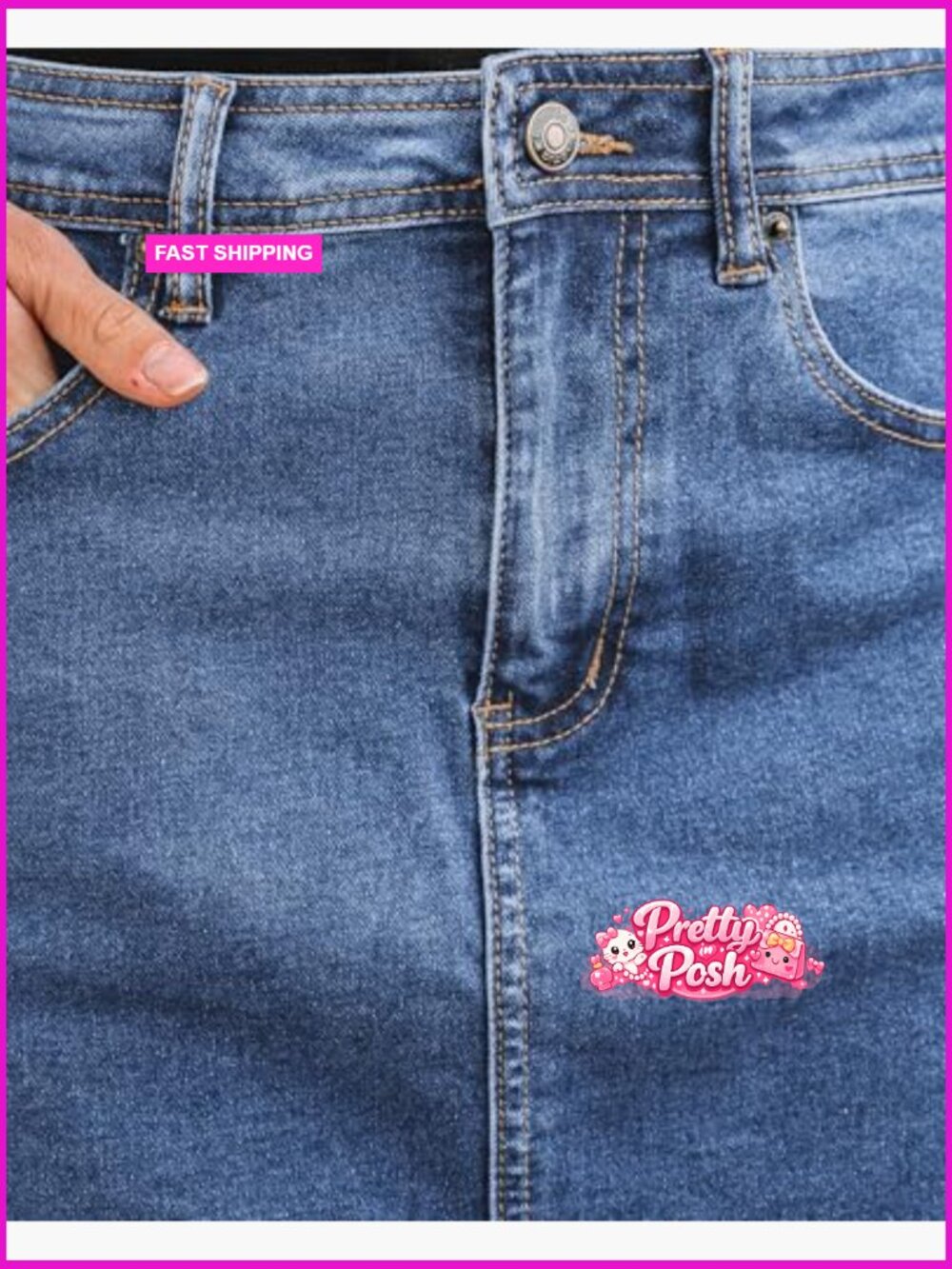 High Waisted Midi Denim Pencil Skirt with Slit Stretchy - Picture 5 of 7